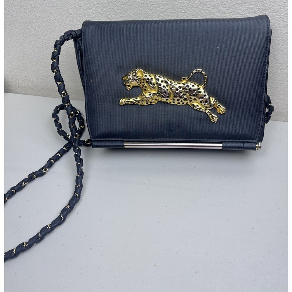 Y2K Vintage Black Crossbody Purse Gold Leopard Accent | Elegant Shoulder bag